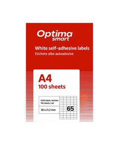 Etichete autoadezive albe, 65/A4, 38x21.2mm, 100 coli/top, OPTIMA-
