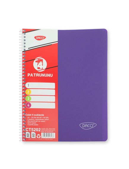 Caiet cu spirala A4, 120 file, 4 separatoare, coperta plastic, DACO-[2]