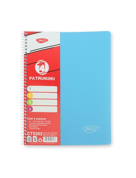 Caiet cu spirala A4, 120 file, 4 separatoare, coperta plastic, DACO-[3]