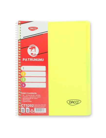 Caiet cu spirala A4, 120 file, 4 separatoare, coperta plastic, DACO-[4]