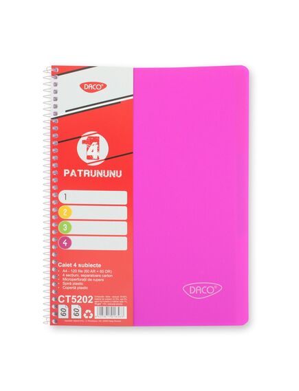 Caiet cu spirala A4, 120 file, 4 separatoare, coperta plastic, DACO-[6]