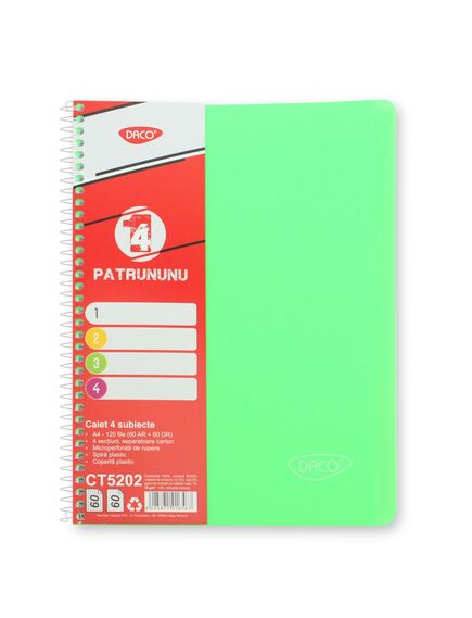 Caiet cu spirala A4, 120 file, 4 separatoare, coperta plastic, DACO-[7]